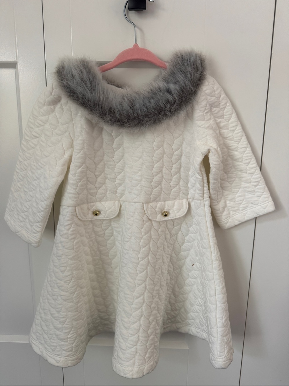 Janie and Jack Cream Quilted Coat with Gray Faux Fur Collar